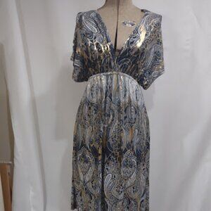 SHORELINE GOLDFOIL PAISLEY MAXI DRESS CAP SLEEVES ELASTIC WAIST LIGHTWEIGHT L/XL